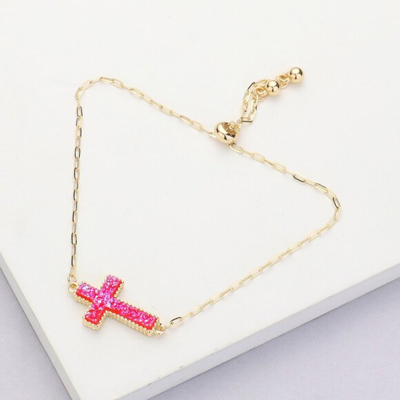 NEW Druzy Stone Sparkle Cross Pink Gold Dipped Bracelet Necklace & Earrings SET - Picture 3 of 7